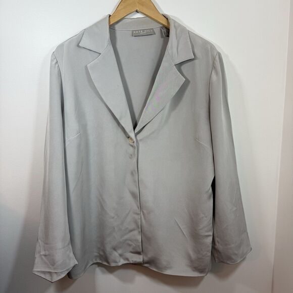 Kate Hill 100% Silk Blazer Blouse Sz 16W Button Front Collared Gray Long Sleeve - Picture 1 of 11